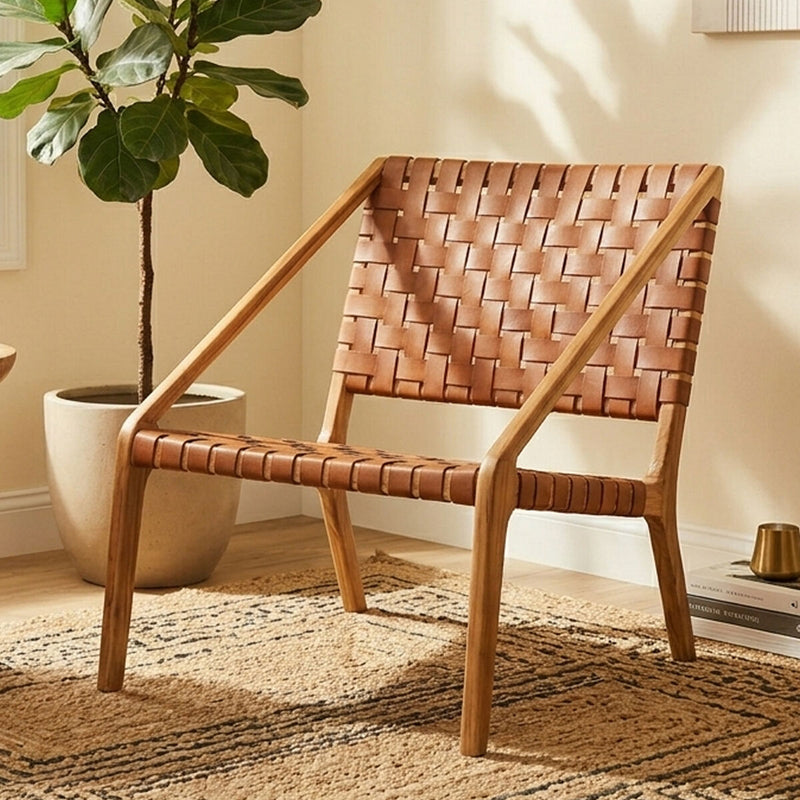 Tan Woven Leather and Teak Chair | Kendari