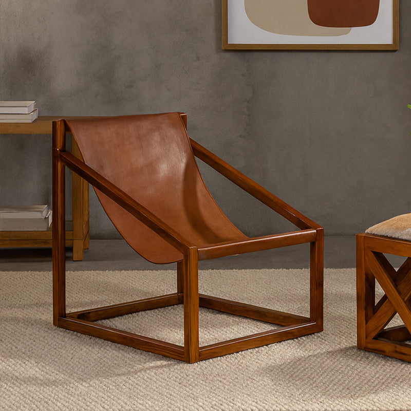 Brown Leather and Teak Wood Sling Chair | Kendari