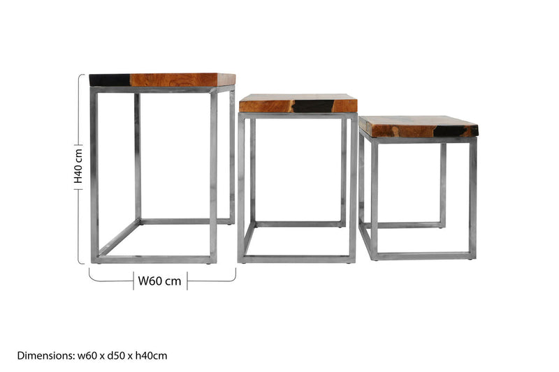 Set of 3 Black and Natural Teak Wood Nesting Tables with Silver Metal Frame | Surak