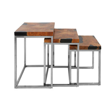 Set of 3 Black and Natural Teak Wood Nesting Tables with Silver Metal Frame | Surak