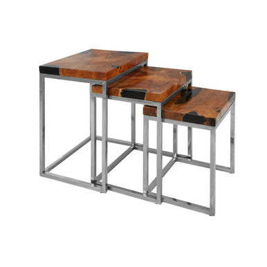 Set of 3 Black and Natural Teak Wood Nesting Tables with Silver Metal Frame | Surak