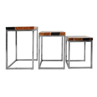 Set of 3 Black and Natural Teak Wood Nesting Tables with Silver Metal Frame | Surak