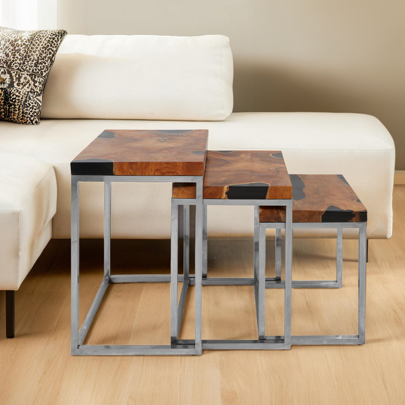 Set of 3 Black and Natural Teak Wood Nesting Tables with Silver Metal Frame | Surak