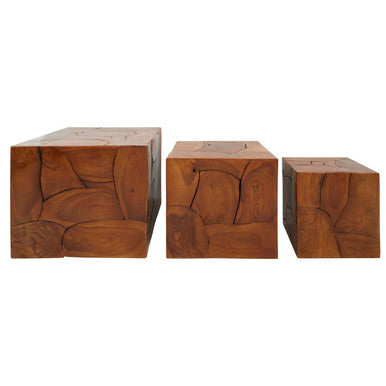 Set of 3 Brown Solid Teak Wood Side Tables and Stools | Surak