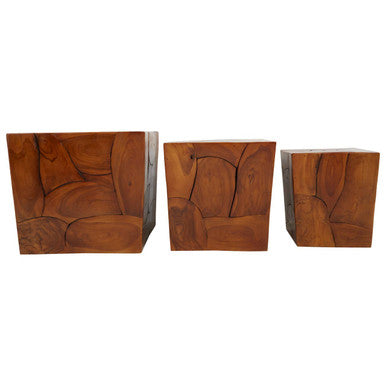 Set of 3 Brown Solid Teak Wood Side Tables and Stools | Surak