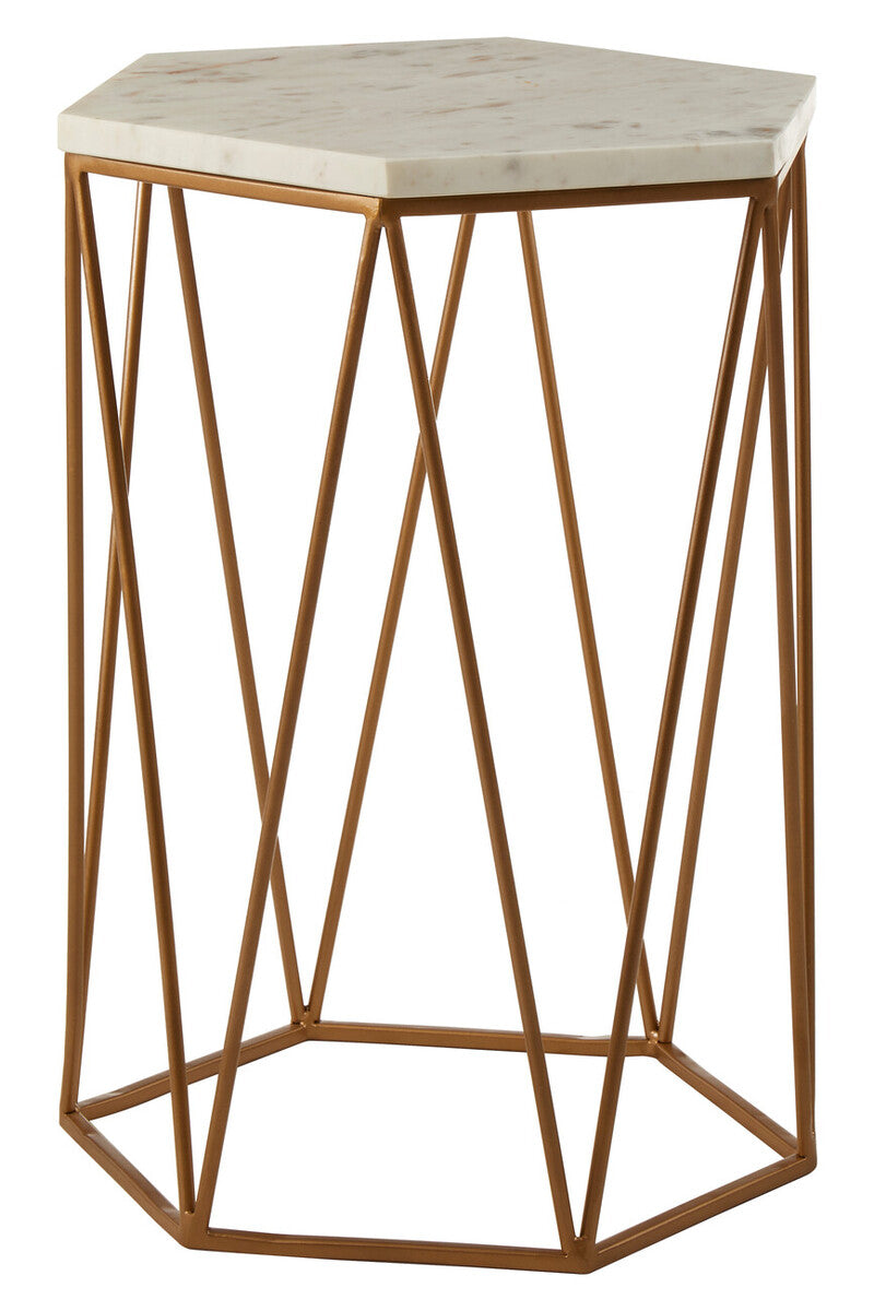 White Solid Marble Top Hexagonal Side Table with Gold Finish Metallic Frame | Shalimar