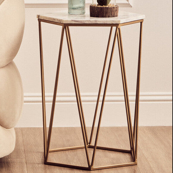 White Solid Marble Top Hexagonal Side Table with Gold Finish Metallic Frame | Shalimar