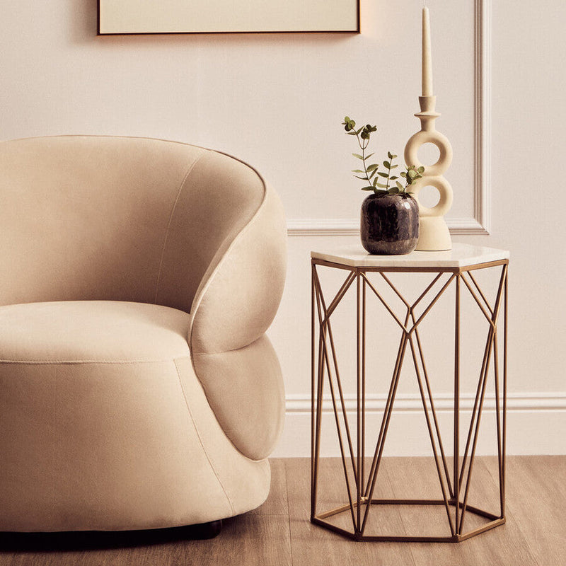 White Marble Top Side Table with Geometric Open Frame Gold Metallic Base | Shalimar