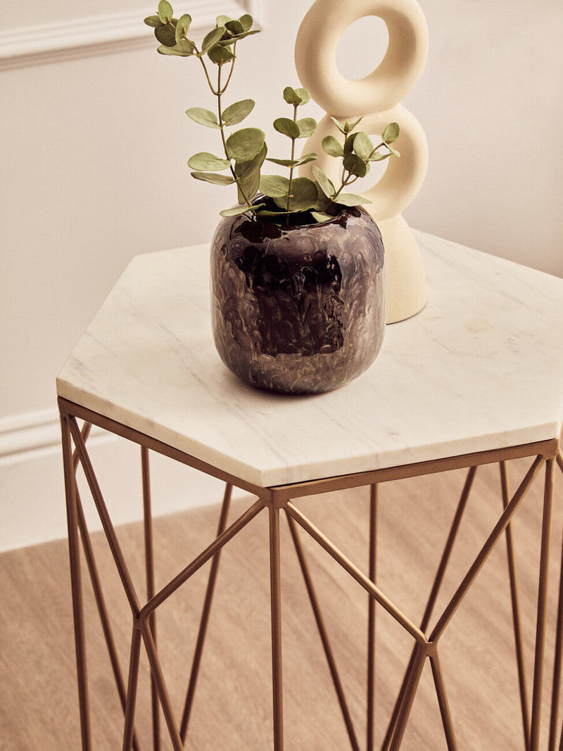 White Marble Top Side Table with Geometric Open Frame Gold Metallic Base | Shalimar