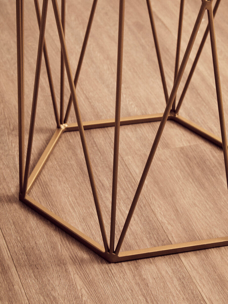 White Marble Top Side Table with Geometric Open Frame Gold Metallic Base | Shalimar