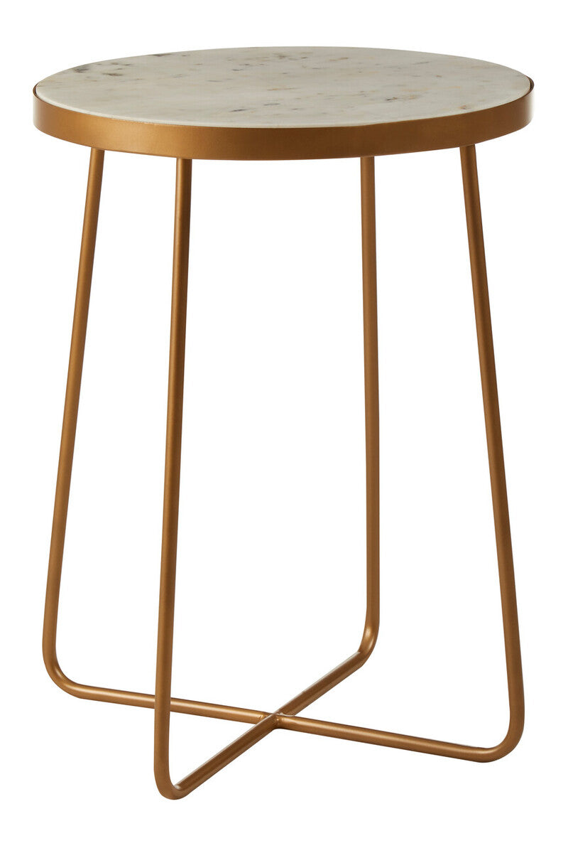 White Marble Top Round Side Table with Flowing Gold Finish Metallic Cross Base | Shalimar