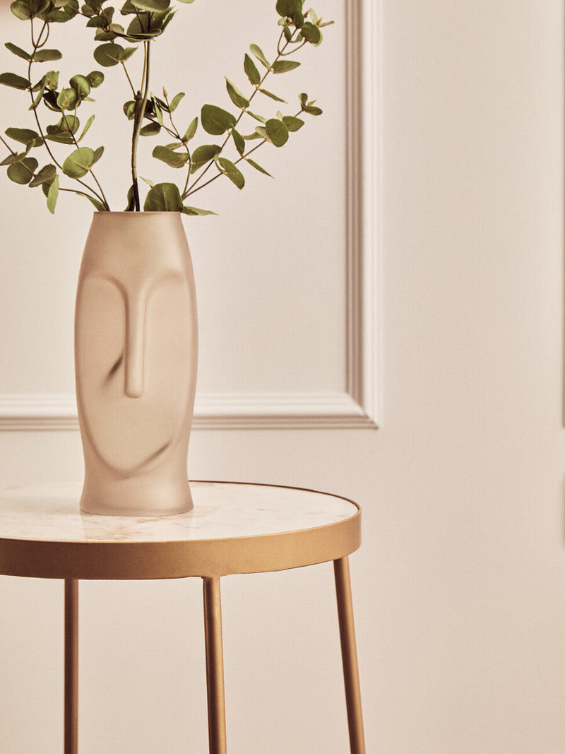 White Marble Top Round Side Table with Flowing Gold Finish Metallic Cross Base | Shalimar