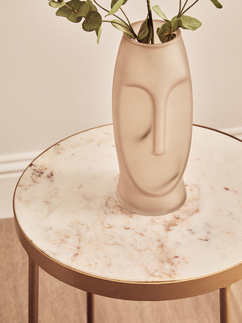 White Marble Top Round Side Table with Flowing Gold Finish Metallic Cross Base | Shalimar