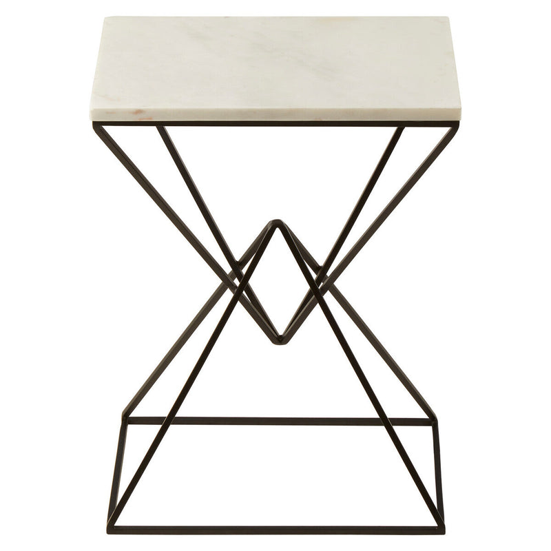 White Marble Top Rectangular Side Table with Black Metallic Prismatic Base | Shalimar