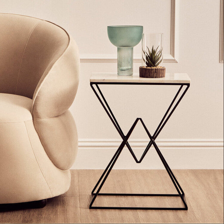 White Marble Top Rectangular Side Table with Black Metallic Prismatic Base | Shalimar
