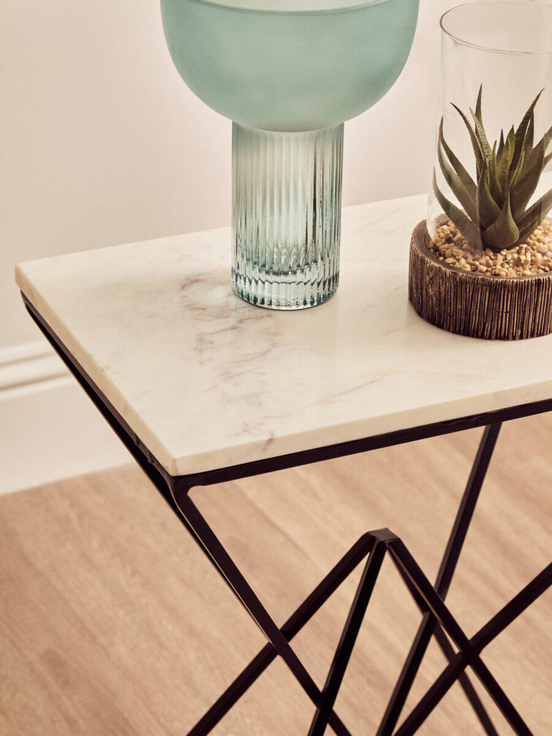 White Marble Top Rectangular Side Table with Black Metallic Prismatic Base | Shalimar