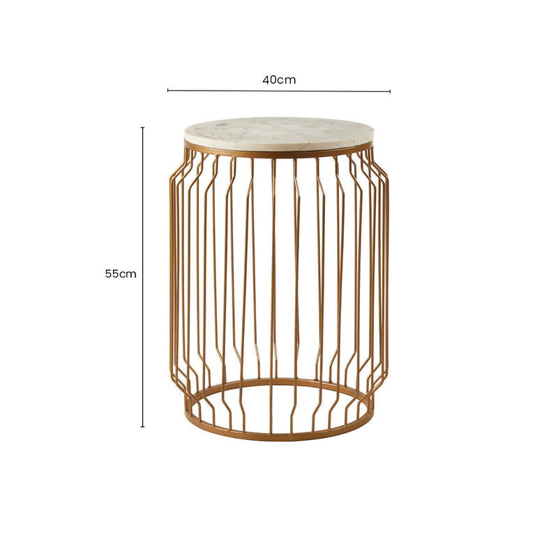 White Marble Top Round Side Table with Reflective Gold Wireframe Metallic Base | Shalimar