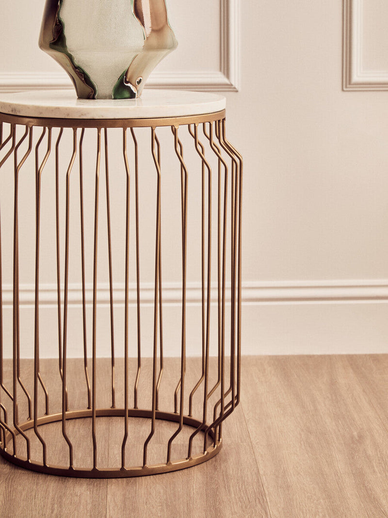 White Marble Top Round Side Table with Reflective Gold Wireframe Metallic Base | Shalimar