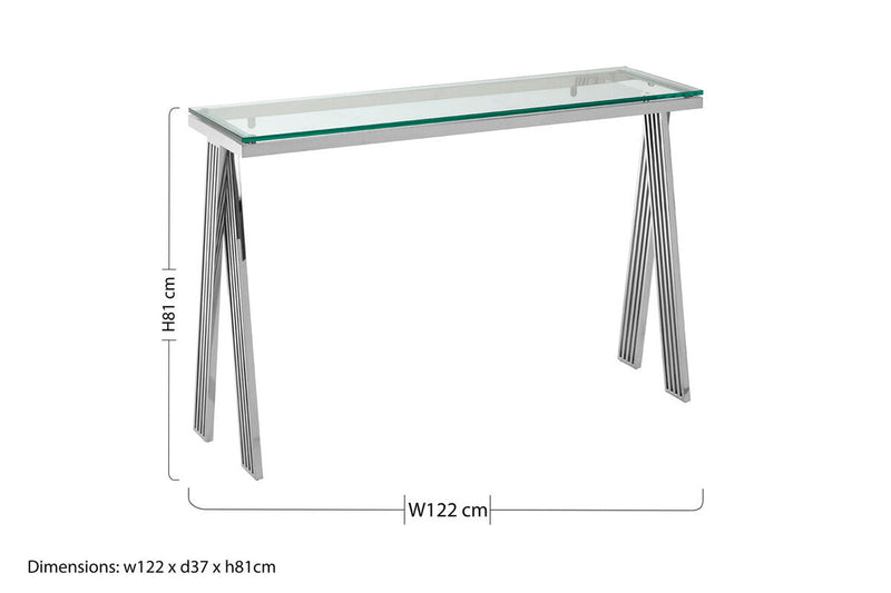 Clear Glass Top Console Table with Silver Finish Stainless Steel Base | Piermount