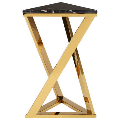 Black Marble Top End Table with Gold-Finished Steel Three Angled Legs and Triangular Base, Piermount