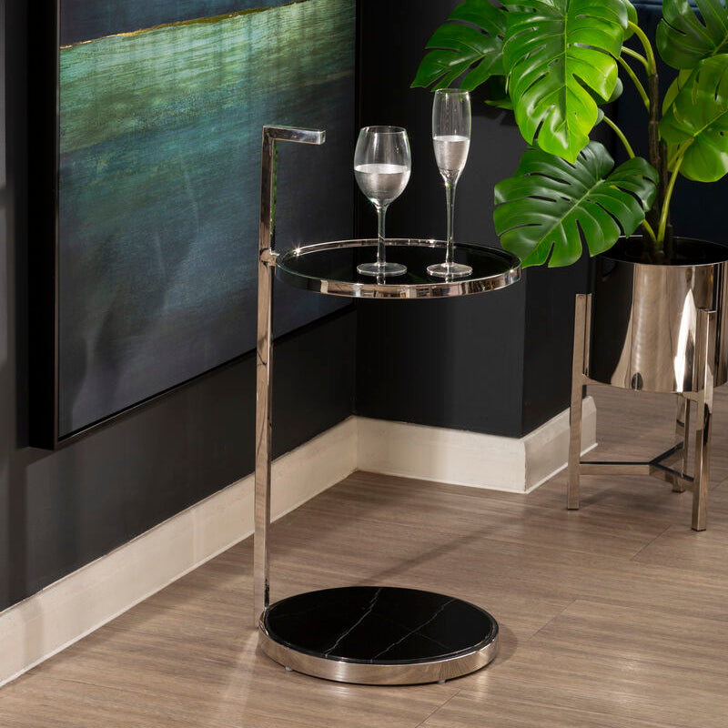 Two Tier Round End Table with Black Marble and Glass Top | Piermount