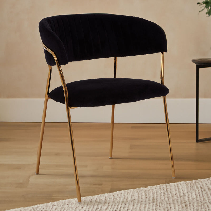 Black Velvet Channel Tufted Dining Chair with Gold Finish Legs | Tamzin