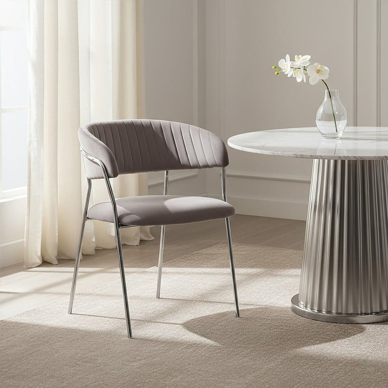 Mink Velvet Channel Tufted and Chrome Finish Dining Chair | Tamzin