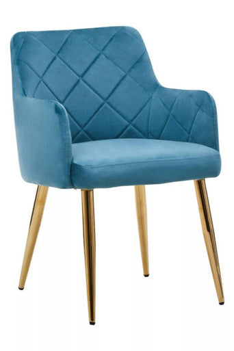 Light Blue Velvet Quilted Dining Chair with Gold Finish Legs | Tamzin