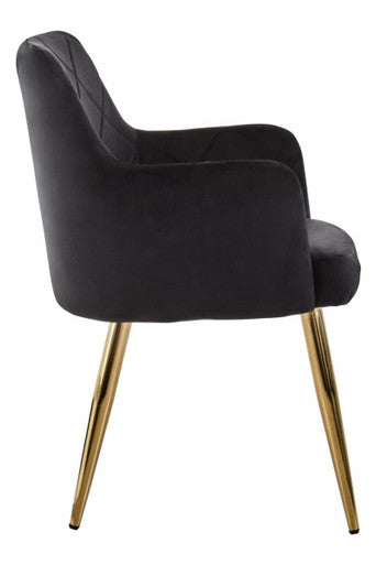 Black Velvet Quilted Dining Chair with Gold Finish Legs | Tamzin