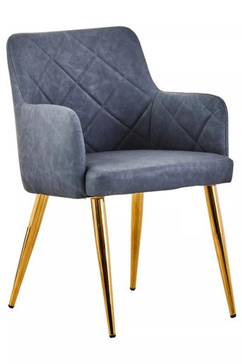 Dark Grey Leather Effect Quilted Dining Chair with Gold Metal Legs | Tamzin