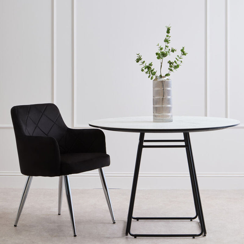 Black Velvet Quilted Dining Chair with Chrome Finish Legs | Tamzin
