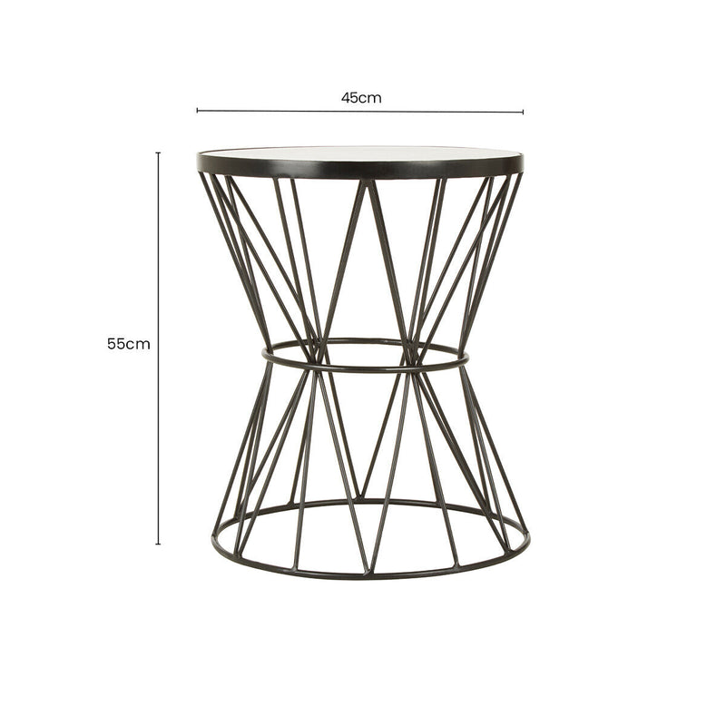 White Marble Top Side Table with Powder-Coated Black Iron Corset Base, Rabia