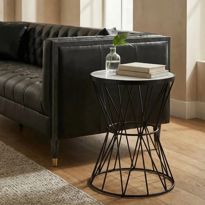 White Marble Top Side Table with Powder-Coated Black Iron Corset Base, Rabia
