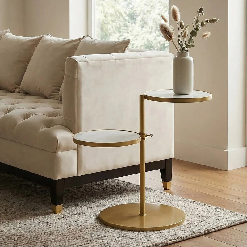 Gold Finish 2 Shelves Side Table with White Marble Tops | Rabia