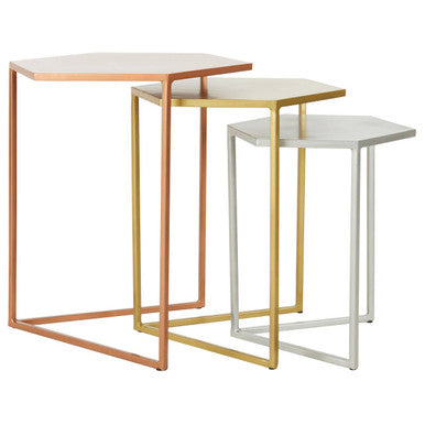 Nest of 3 Assorted Hexagonal Nesting Table with Metallic Tops | Rabia