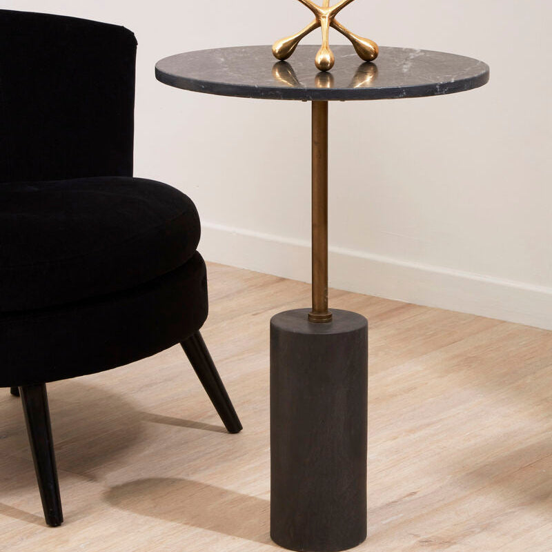 Black Marble Top Side Table with Antique Brass Iron Pole | Rany