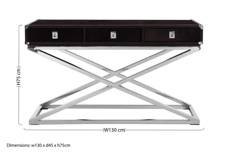 Black Hair-On-Leather Wood Top and Silver-Finished Frame Console Table with 3 Drawers, Kensington Townhouse