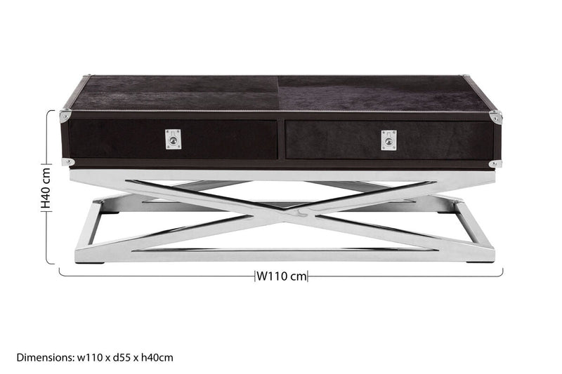 Black Hair-On-Hide Wood Top and Silver-Finished Frame Console Table with 2 Drawers, Kensington Townhouse