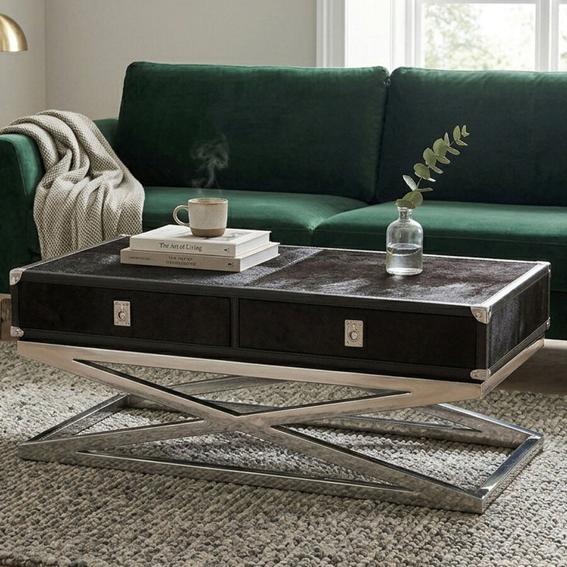 Black Hair-On-Hide Wood Top and Silver-Finished Frame Console Table with 2 Drawers, Kensington Townhouse