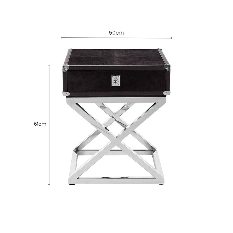 Black and Silver Hair-On-Leather Top 1-Drawer Side Table with Stainless Steel Legs, Kensington Townhouse