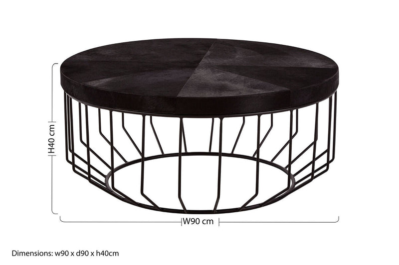 Black and Silver Hair-On-Hide Top Round Coffee Table with Black Frame, Kensington Townhouse