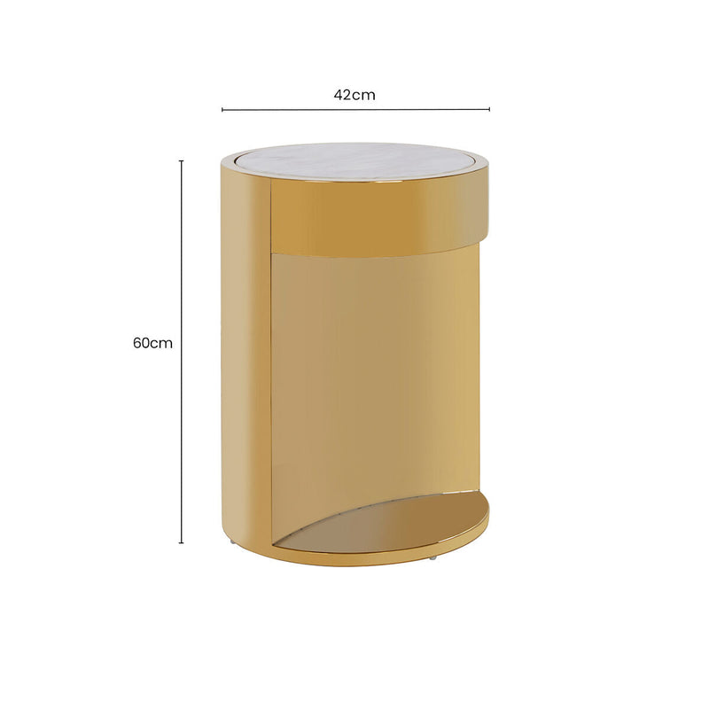 White Marble Effect Round Side Table with Gold Finish Metallic Base | Carlox