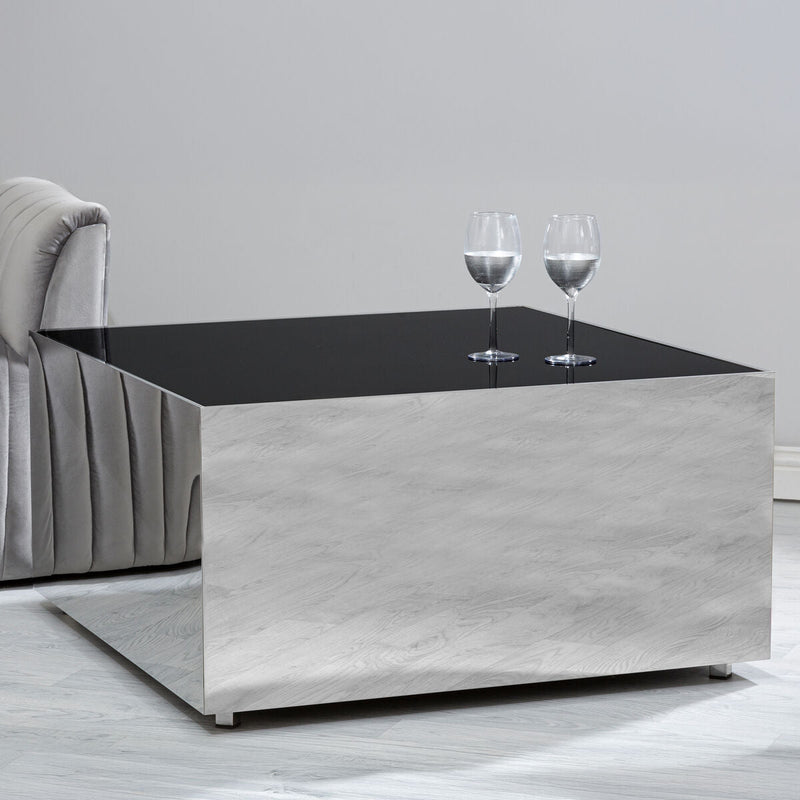 Black Tempered Glass Top Coffee Table with Silver Square Chrome Finish Frame | Carlox