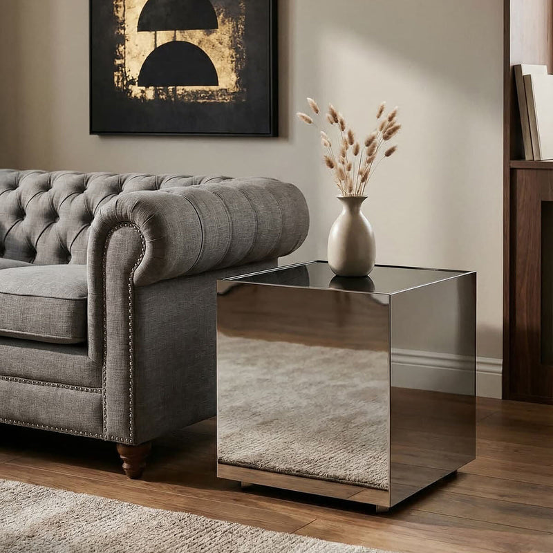 Black Tempered Glass Top Side Table with Silver Square Chrome Finish Frame | Carlox