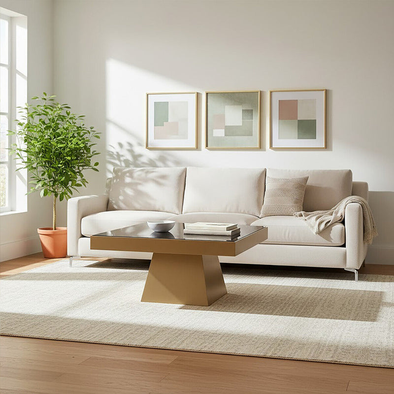 Black Tempered Glass Coffee Table with Gold Square Finish Stainless Steel Base | Carlox
