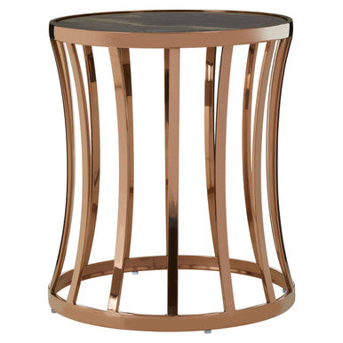 Black Marble Top Round Side Table with Gold Rose Finish Base | Tula