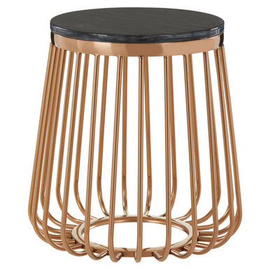 Black Marble Top Round Side Table with Gold Cage Design Metal Base | Tula