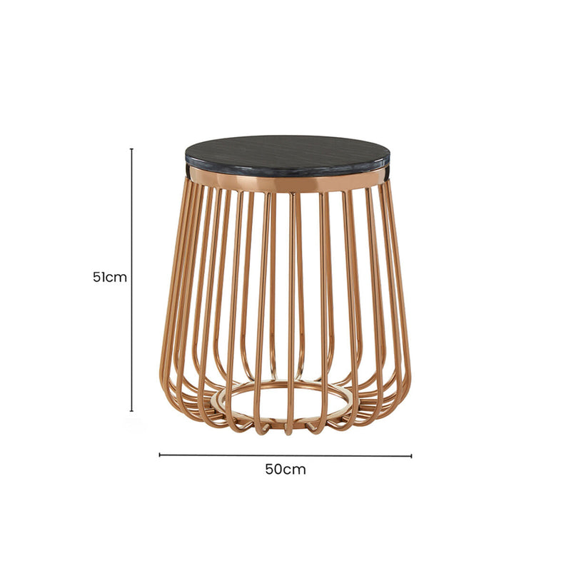 Black Marble Top Round Side Table with Gold Cage Design Metal Base | Tula