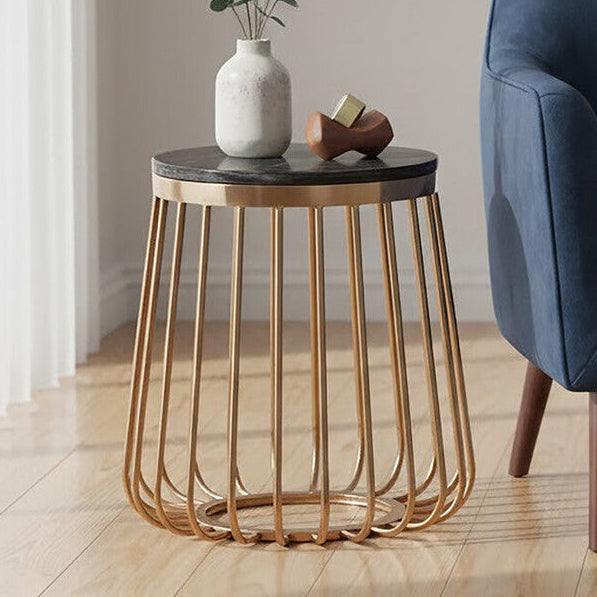 Black Marble Top Round Side Table with Gold Cage Design Metal Base | Tula