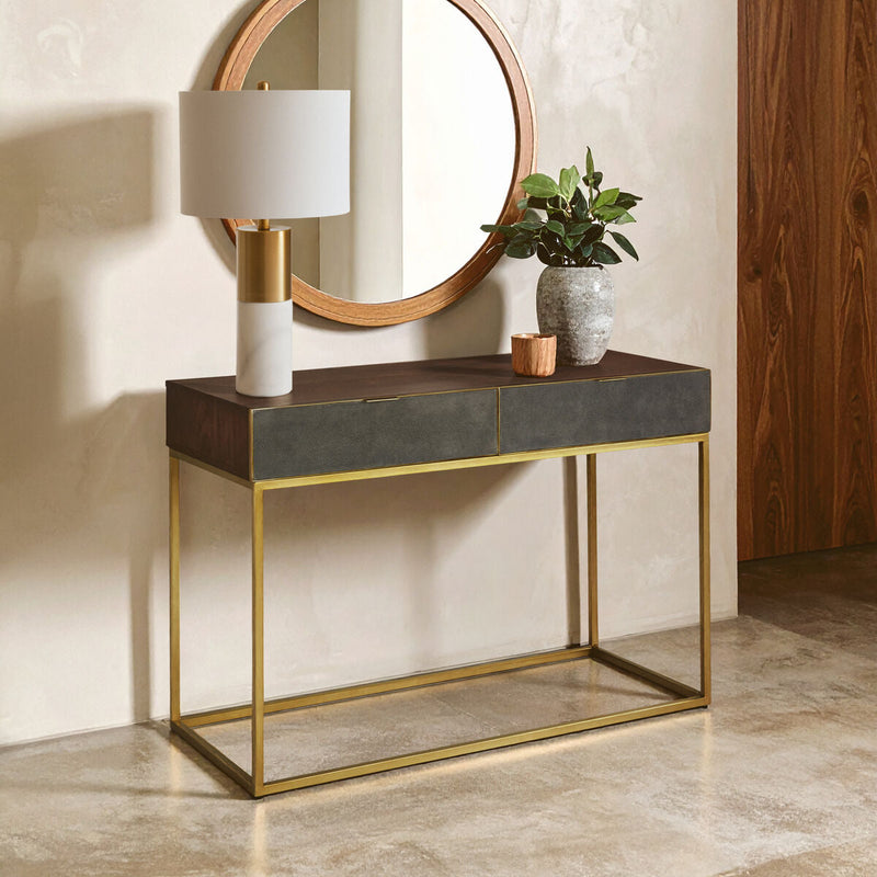 Textured Shahgreen 2 Drawer Gold Finish Console Table | Kempton